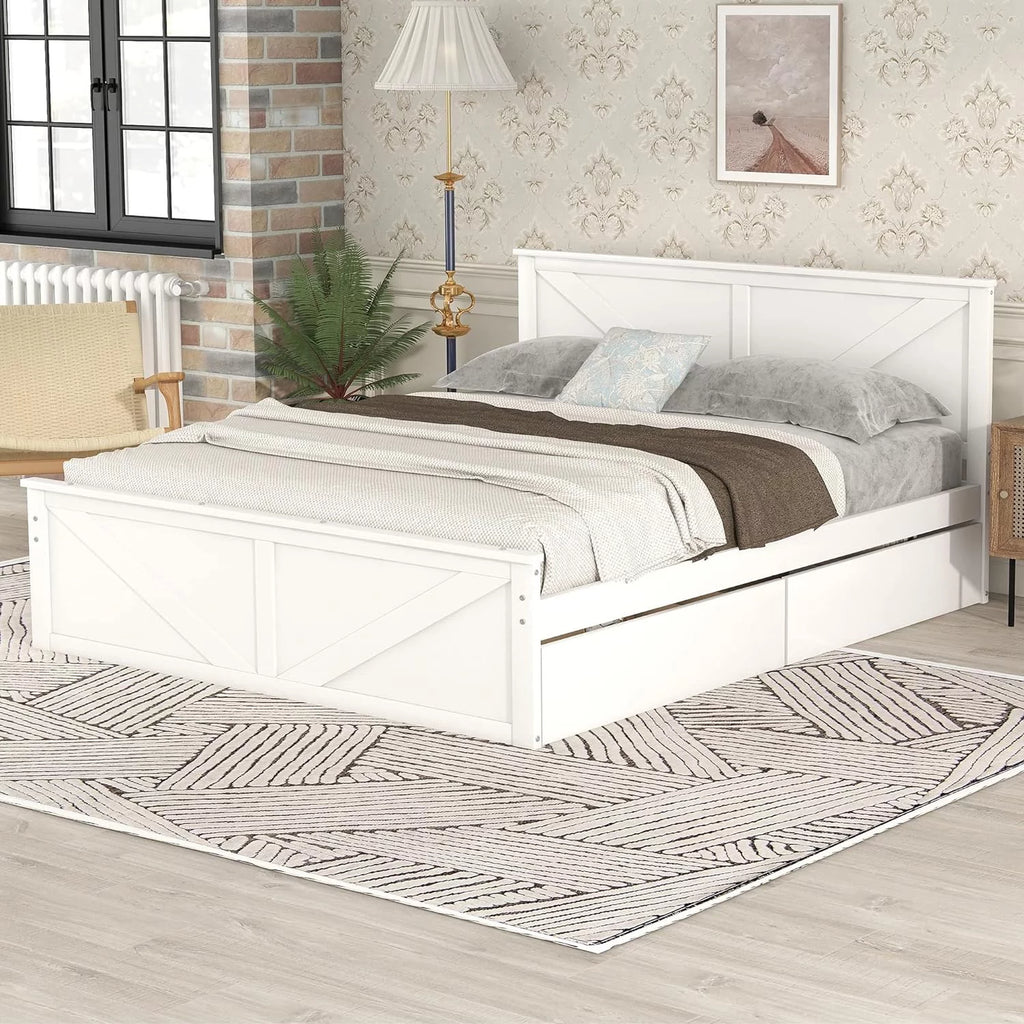 White Queen Size Platform Bed with 4 Drawers A428