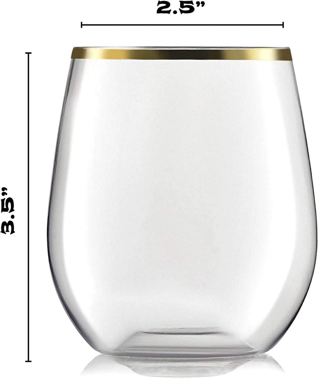 32 Pack Stemless Plastic Wine Glasses 12 oz Gold Rim E278