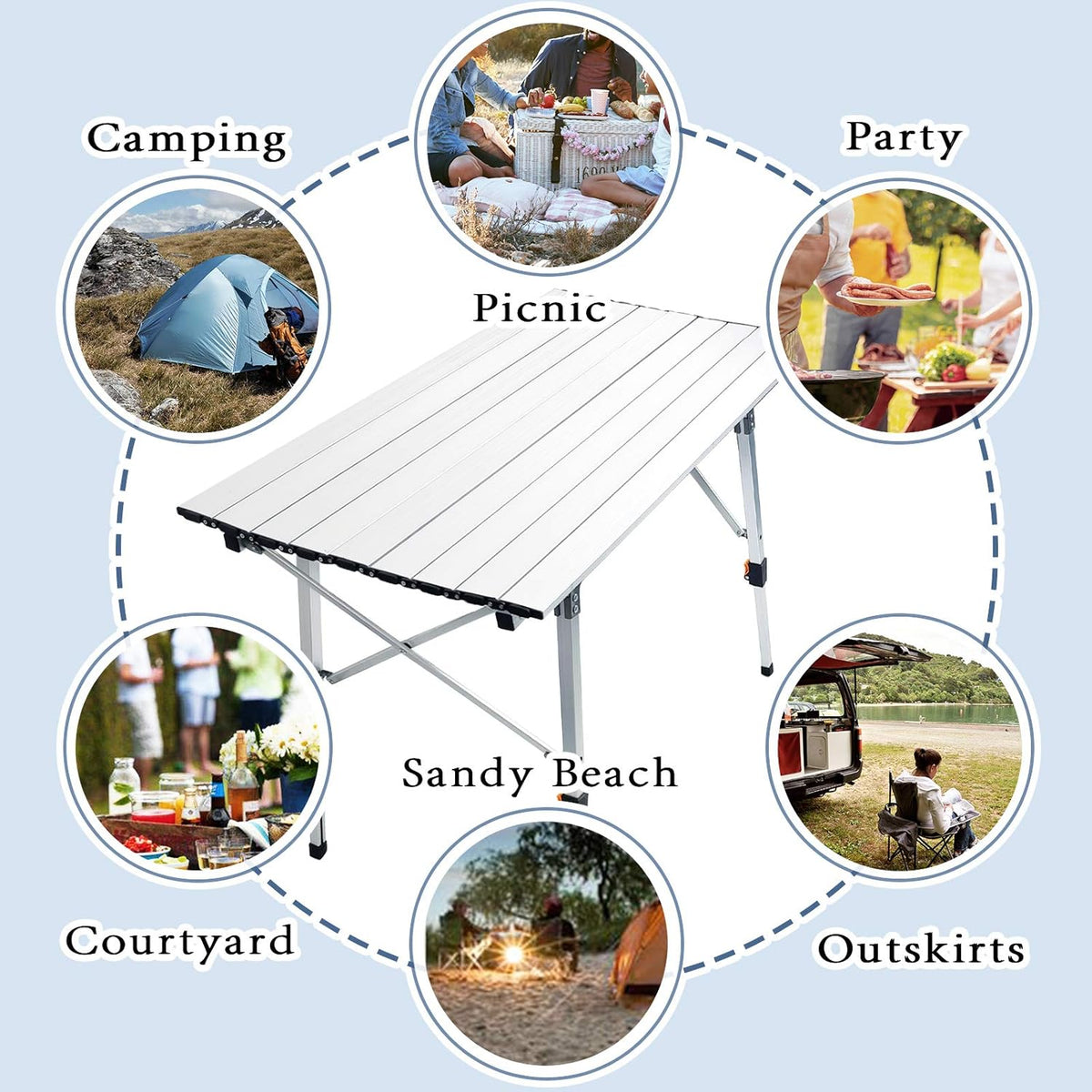 Outdoor Folding Portable Camping Table with Adjustable Legs Roll Up Table Top Mesh Layer S250