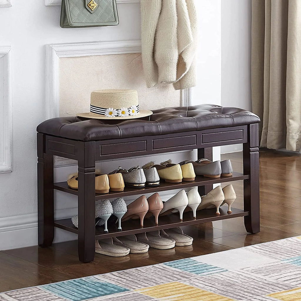 Brown Shoe Storage Bench with Cushion V4233