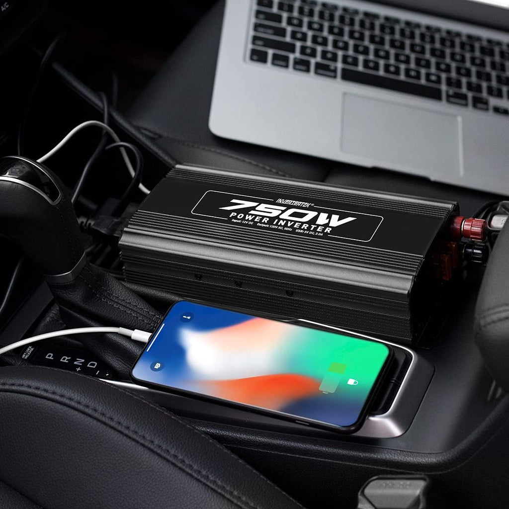 750W Power Inverter DC 12V to 110V AC Car Adapter with 2A USB Charger and 2 AC Outlets N515