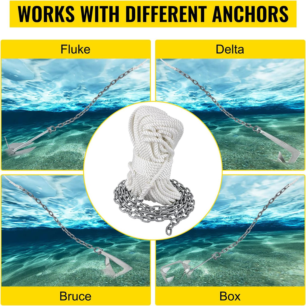 15' x 5/16" Boat Anchor Chain, 1/2" x 200' Nylon Rope, Galvanized Steel Chain O639