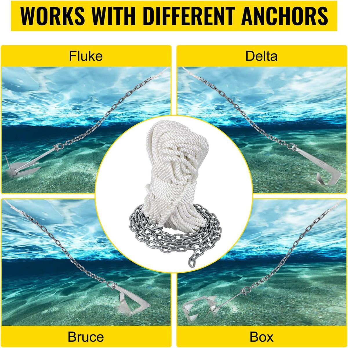 15' x 5/16" Boat Anchor Chain, 1/2" x 200' Nylon Rope, Galvanized Steel Chain O639