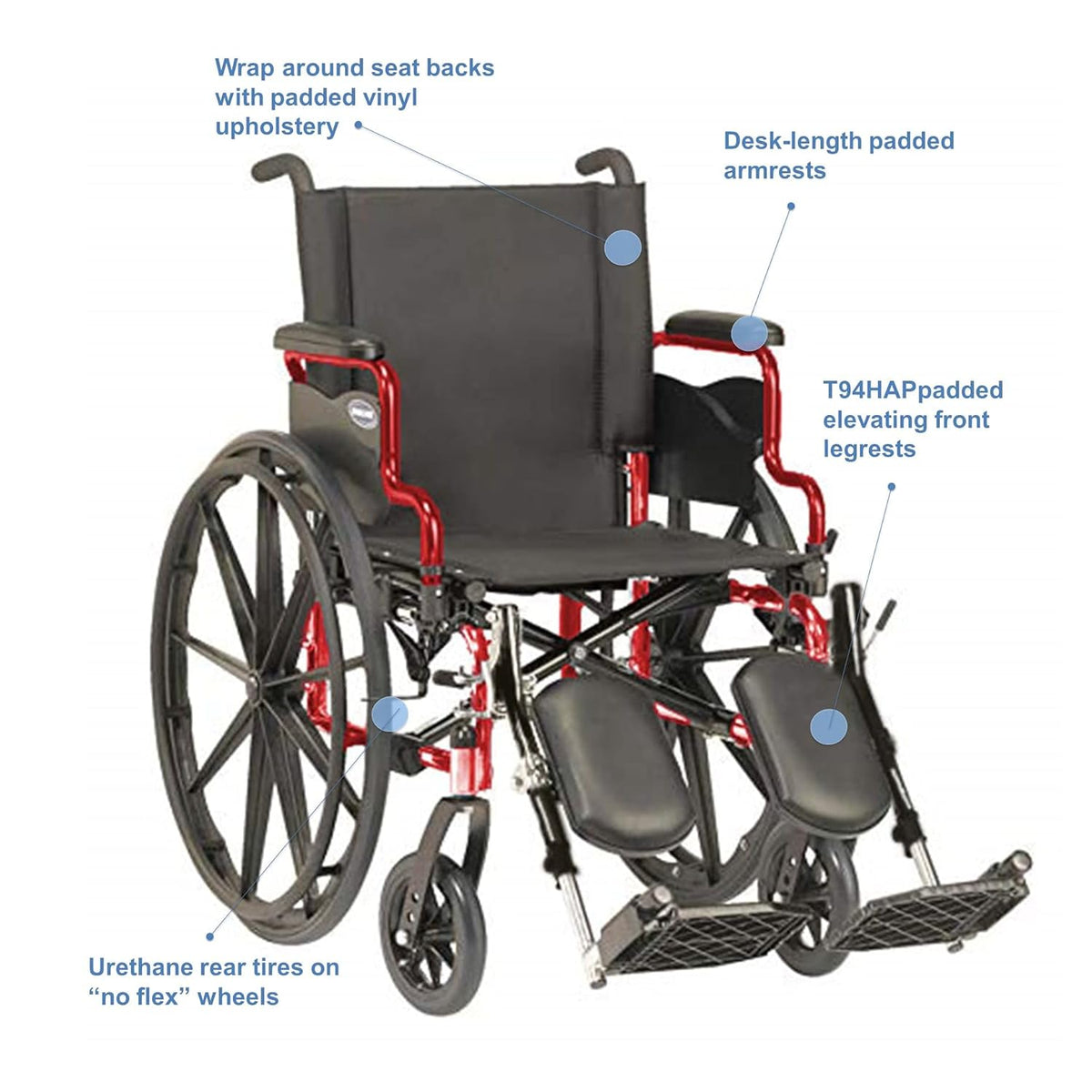High Performance Lighter Weight Wheelchair with Desk Length Arms and Elevating Legrests, 16 Seat Width, Electric Red V64330