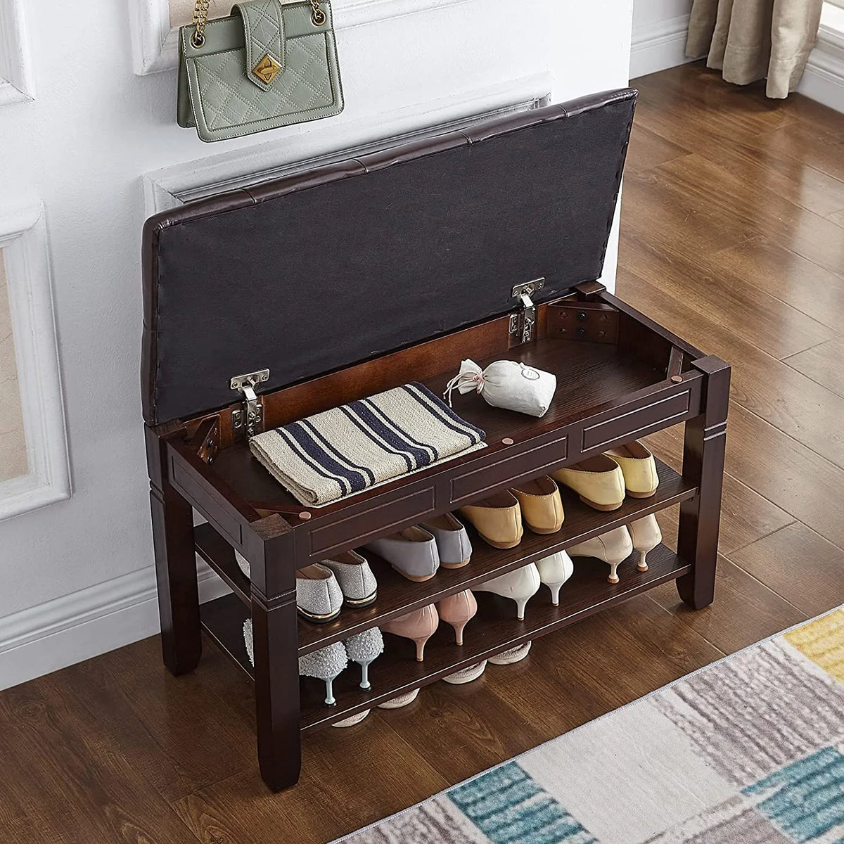 Brown Shoe Storage Bench with Cushion V4233