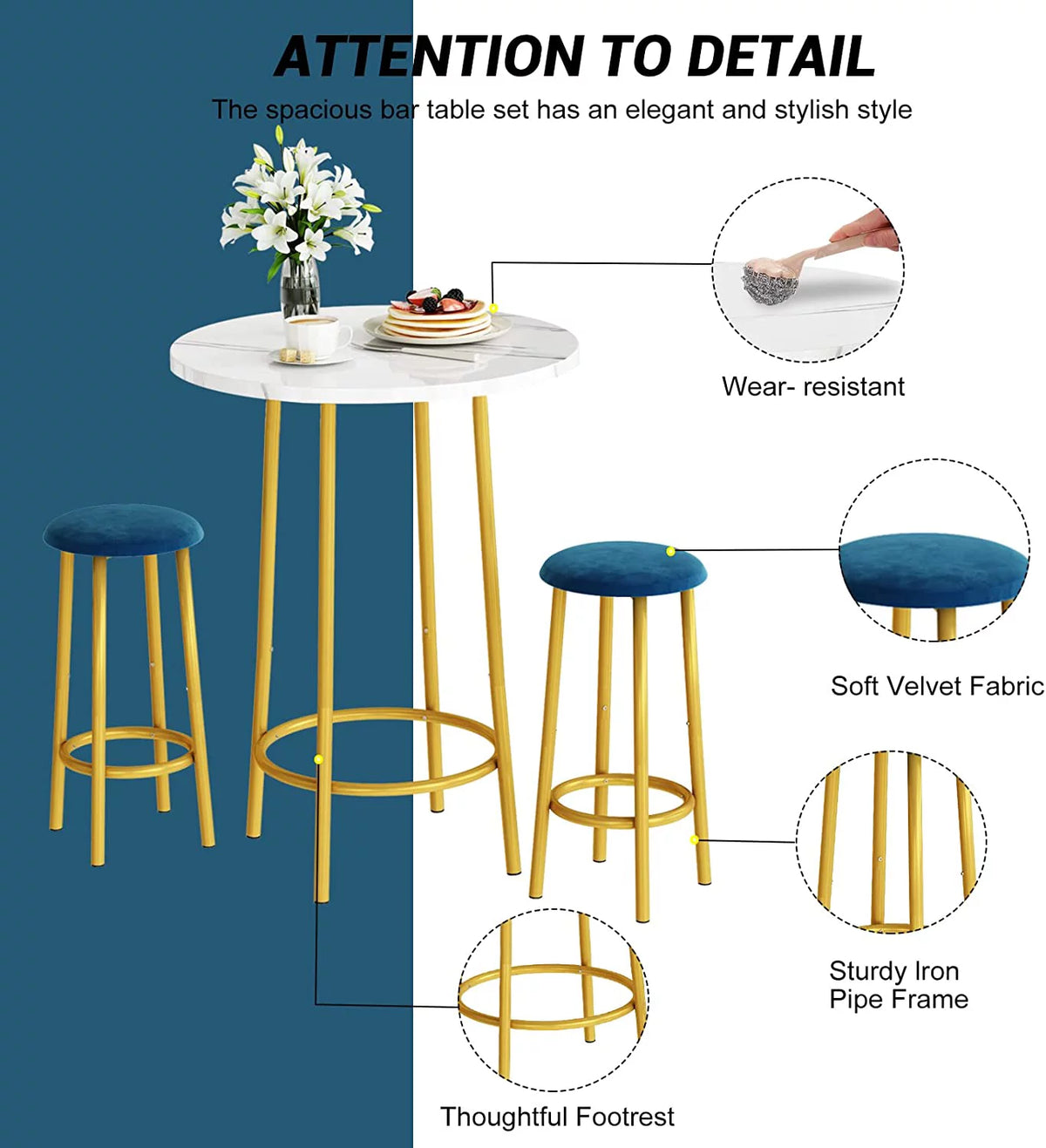 3 Pieces Round Faux Marble Bar Table and Chairs Set B41609