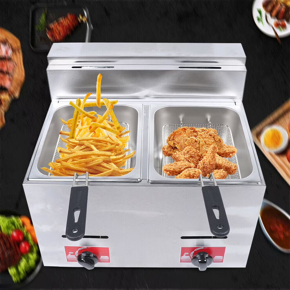 12.7QT Stainless Steel Deep Fryer with Frying Baskets and Lid O5859