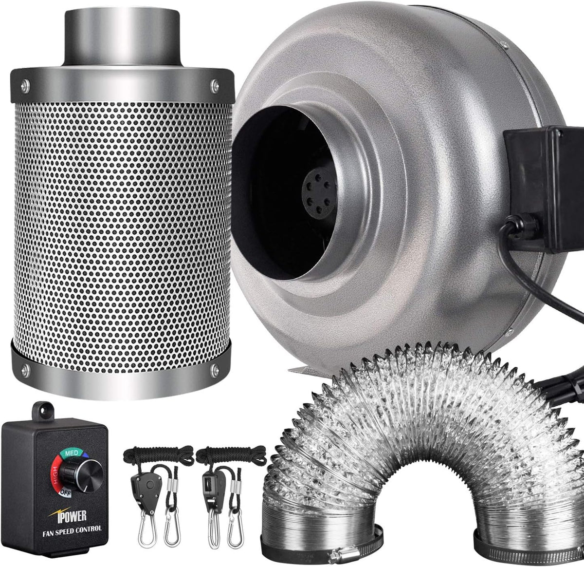 6 Inch 442 CFM Inline Duct Ventilation Fan with Carbon Filter, Variable Speed Adjuster, Digital Hygrometer Thermometer, 25 feet Vent Hose Combo, 1-Pair Rope Clip Hanger T5939