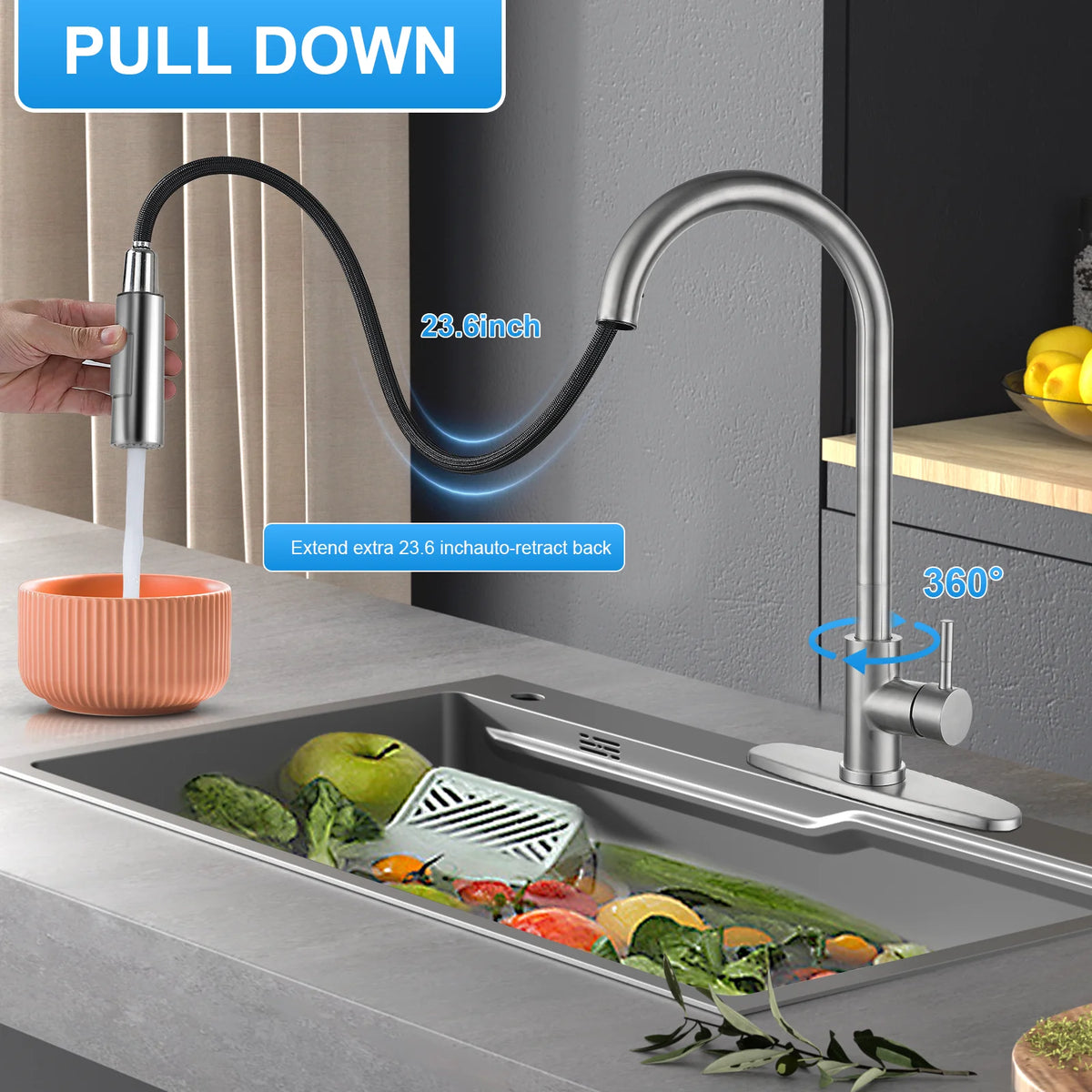 304 Stainless Steel Pull Down Kitchen Faucet V69176