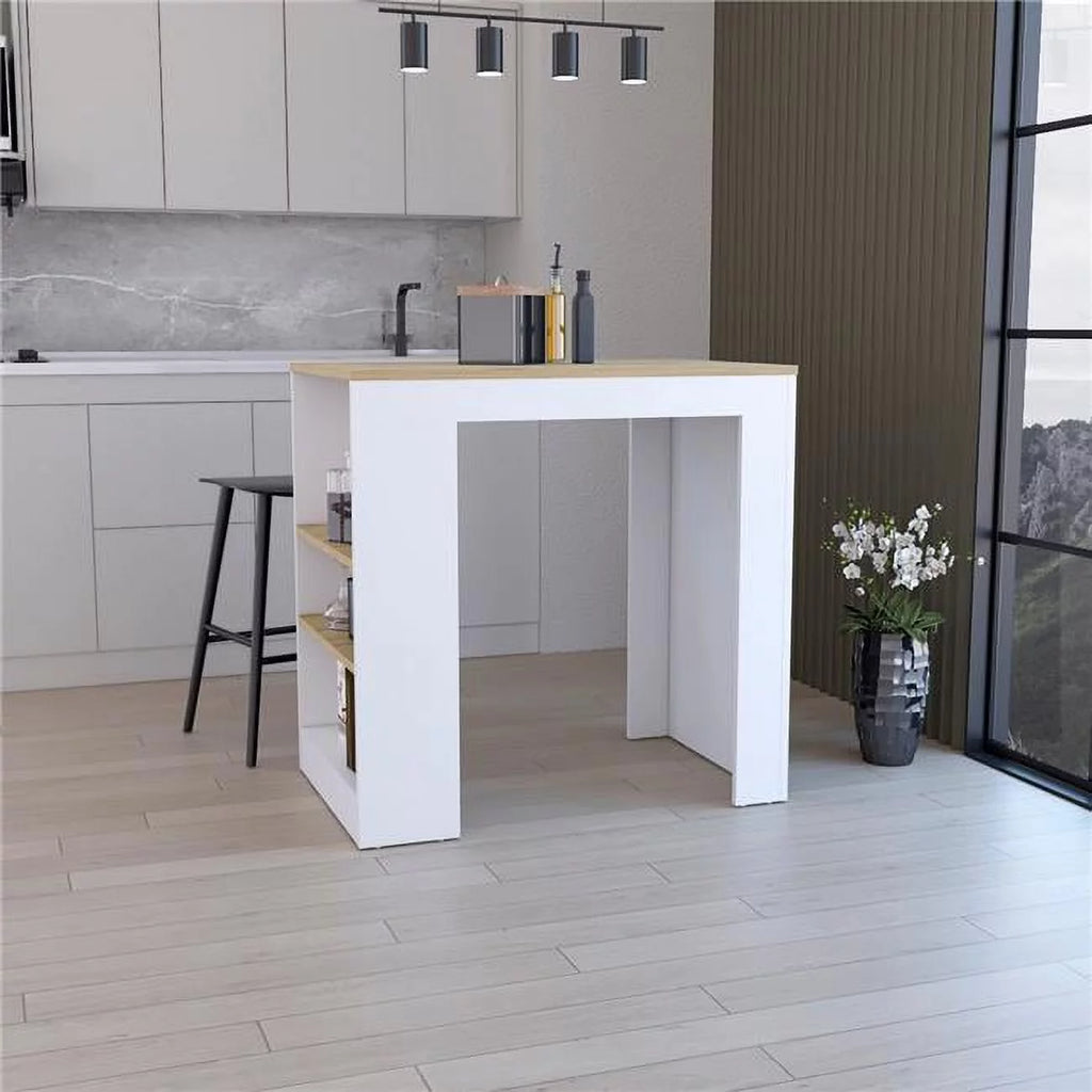 White Kitchen Island Bar Table with 3-Side Shelves Q810