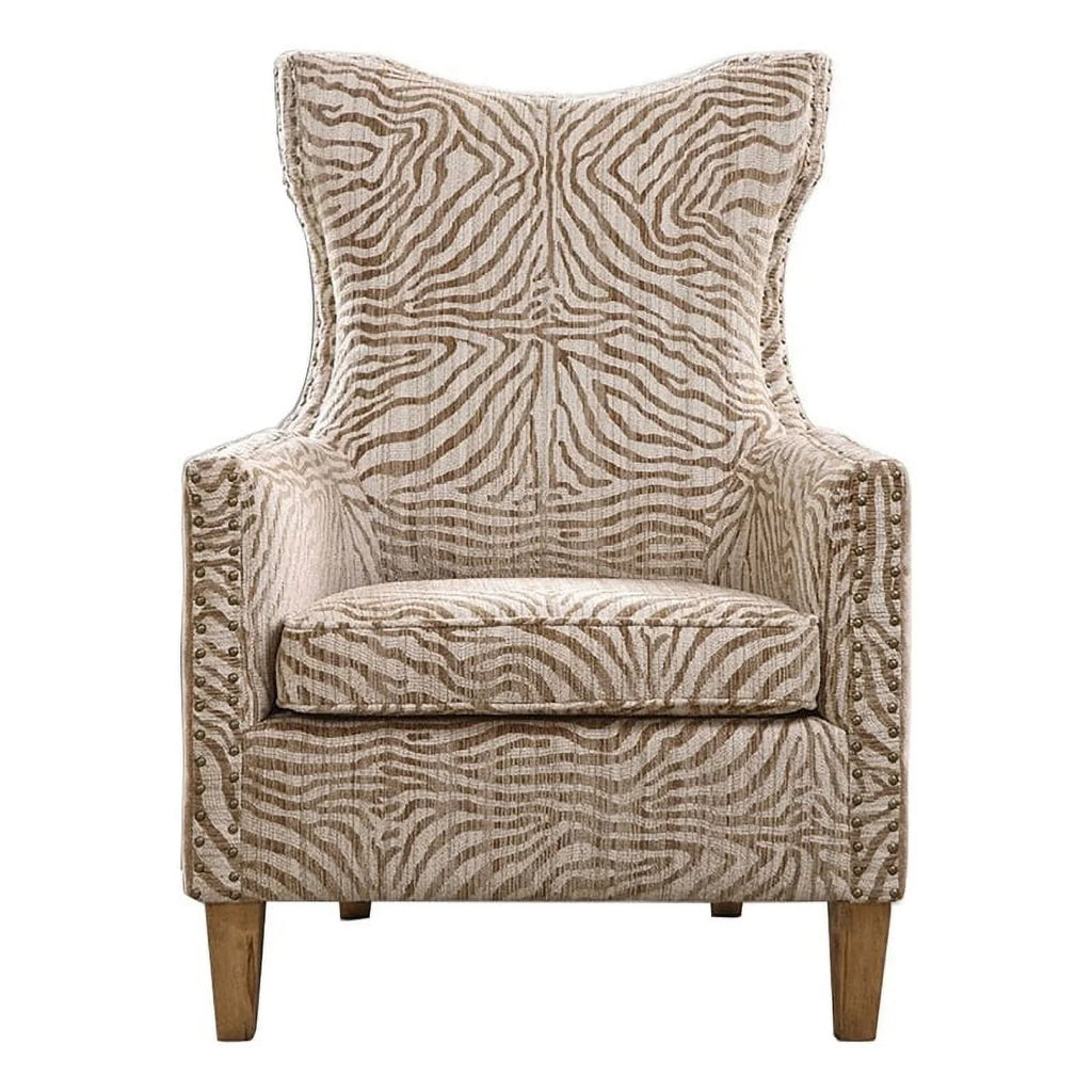Brown Animal Pattern Fabric Wood Armchair R3355