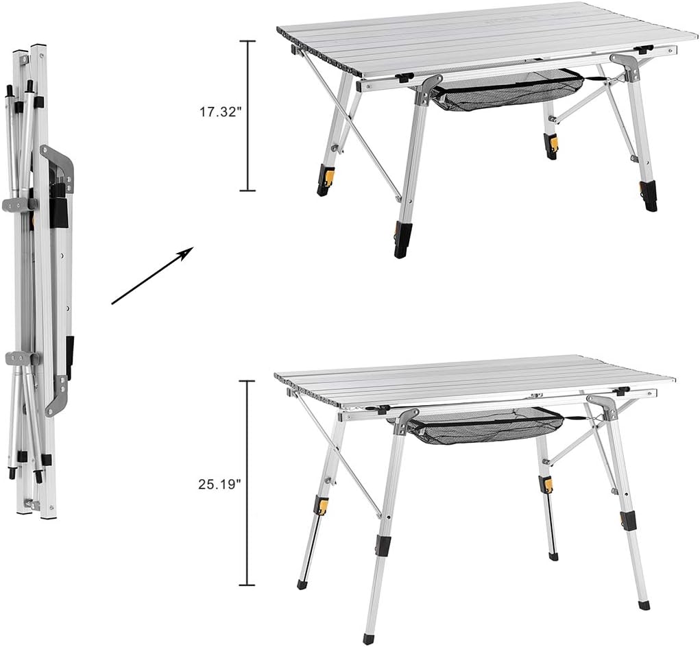Outdoor Folding Portable Camping Table with Adjustable Legs Roll Up Table Top Mesh Layer S250