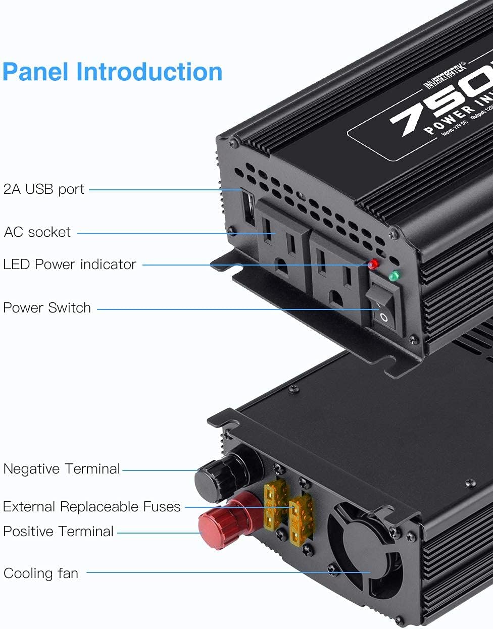 750W Power Inverter DC 12V to 110V AC Car Adapter with 2A USB Charger and 2 AC Outlets N515