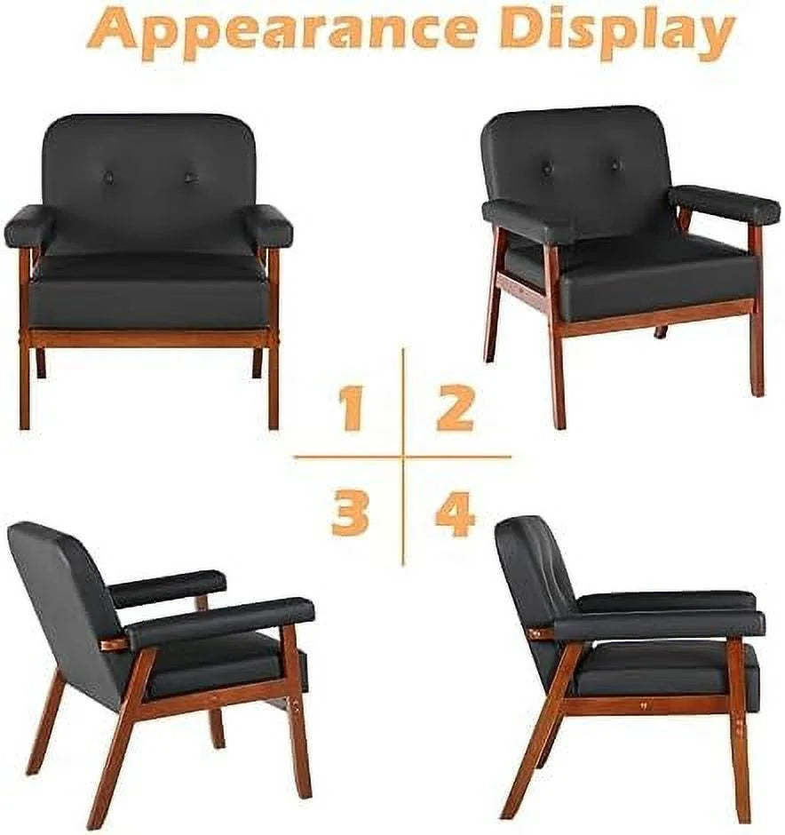 Black Faux Leather Accent Chairs Set of 2 with Wood Arms W280
