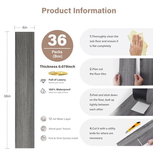 Peel and Stick Waterproof Vinyl Flooring 36-Pack Deep Gray D223