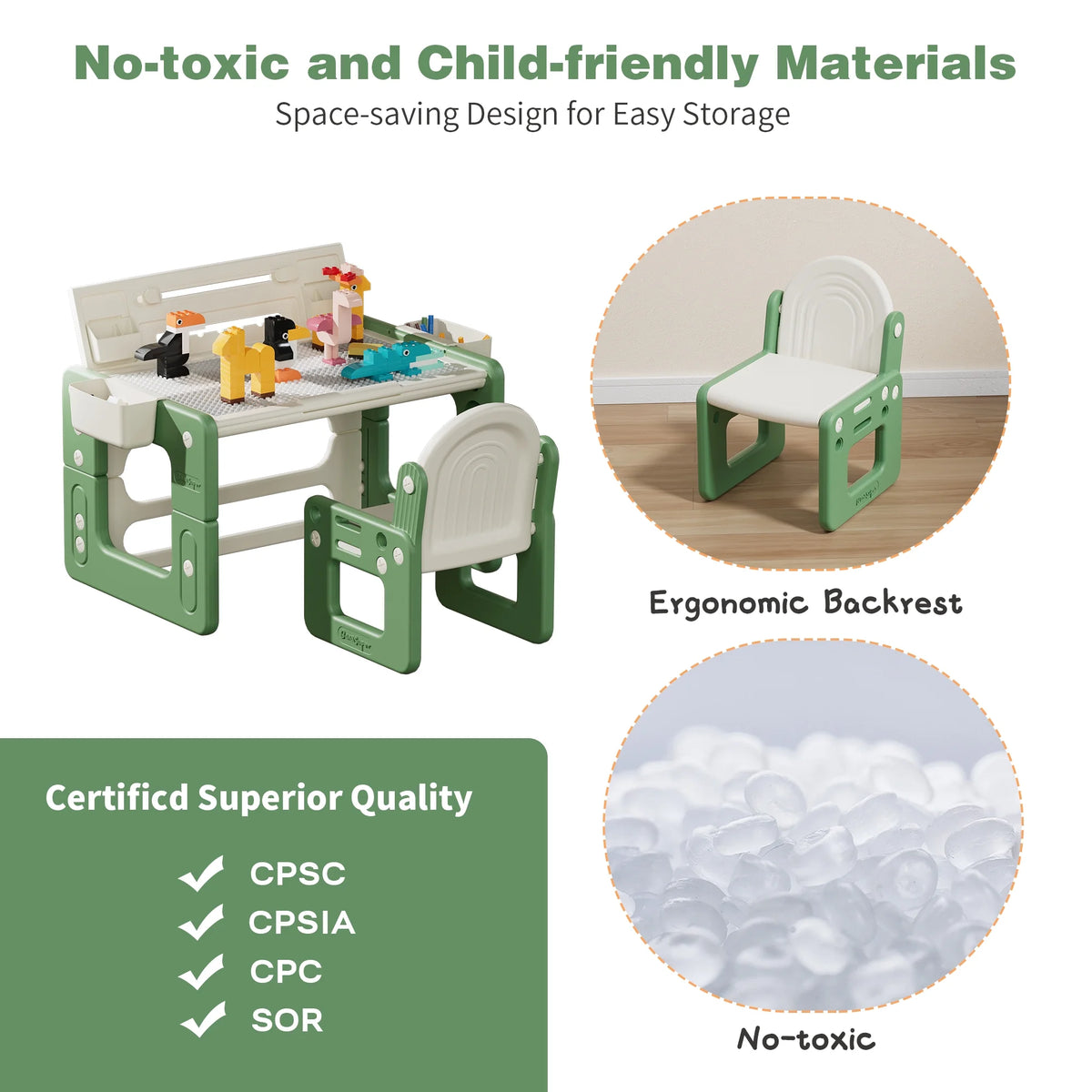 Green 3 in 1 Kids Table and Chair Set with Storage E50729