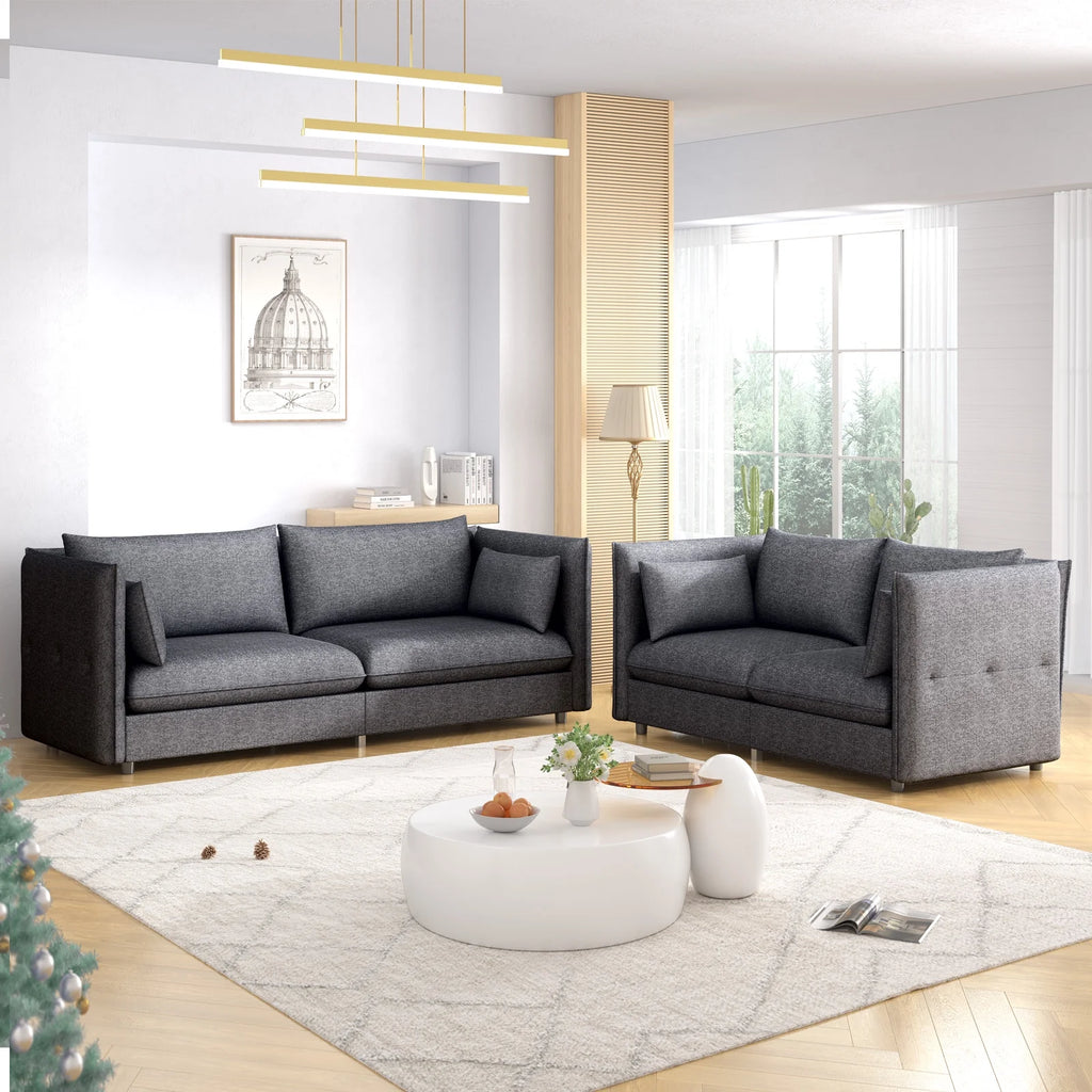 2 Pieces Linen Fleece Upholstered Sofa and Loveseat Set Dark Grey K7055