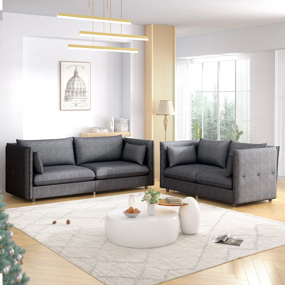 2 Pieces Linen Fleece Upholstered Sofa and Loveseat Set Dark Grey K7055