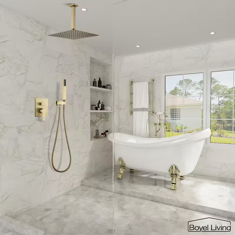 12 in. Ceiling Mount Dual Shower Heads with Pressure Balance Valve in Brushed Gold C152