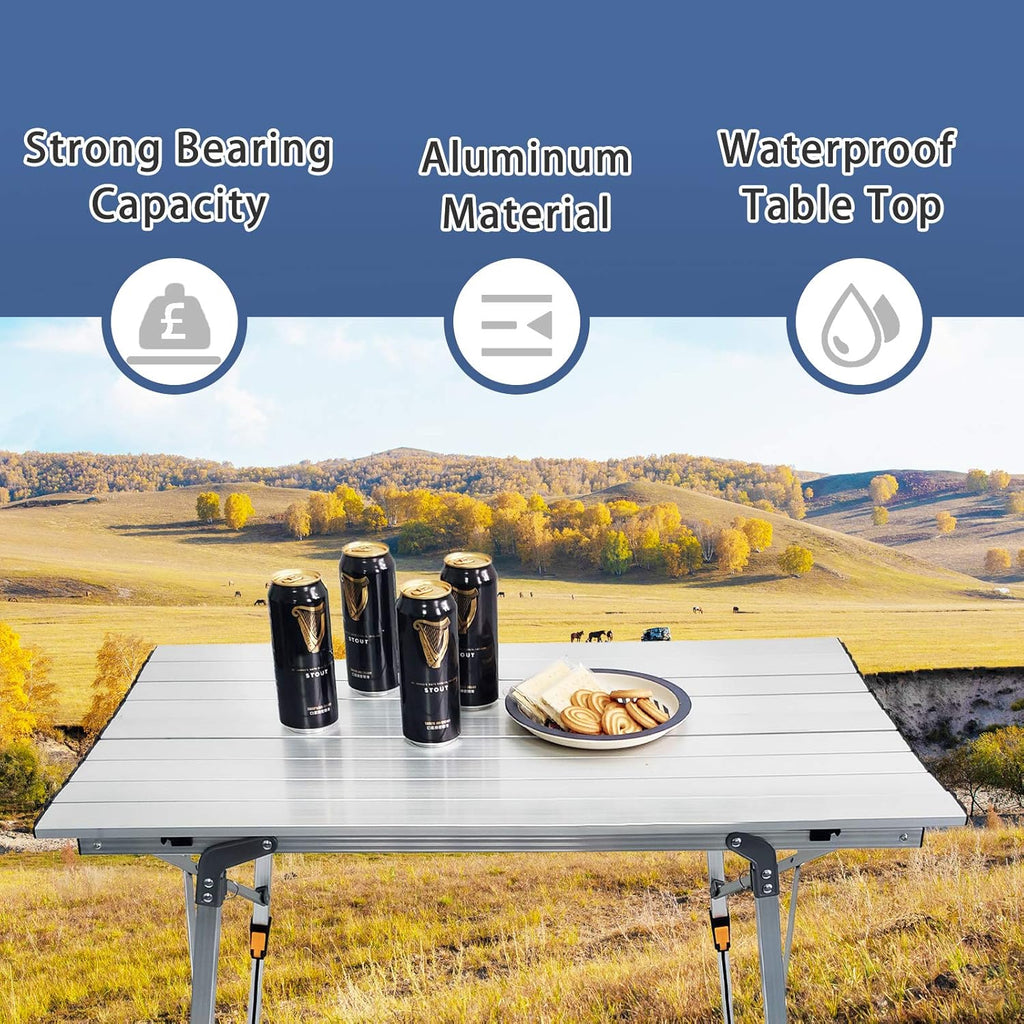 Outdoor Folding Portable Camping Table with Adjustable Legs Roll Up Table Top Mesh Layer S250