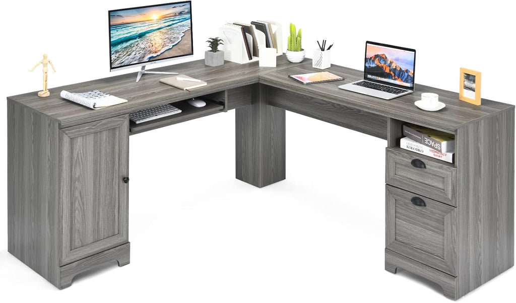 Brown L-Shaped Corner Computer Desk with Drawers and Storage Cabinet C31429