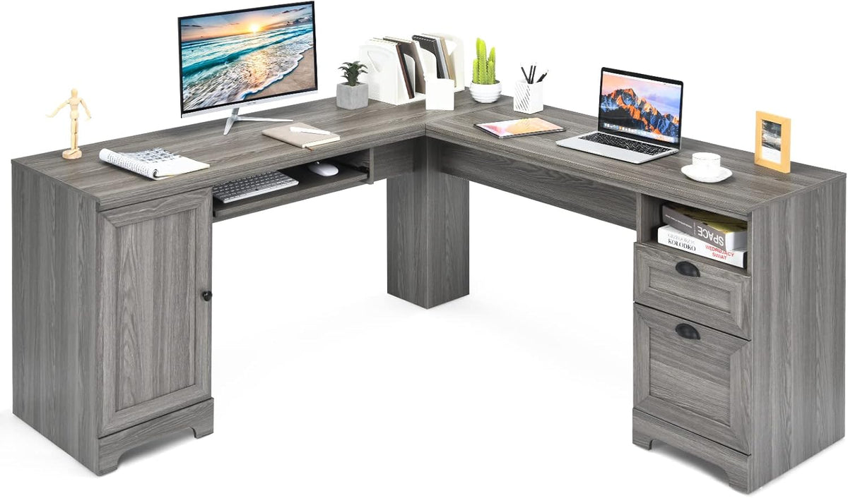 Brown L-Shaped Corner Computer Desk with Drawers and Storage Cabinet C31429