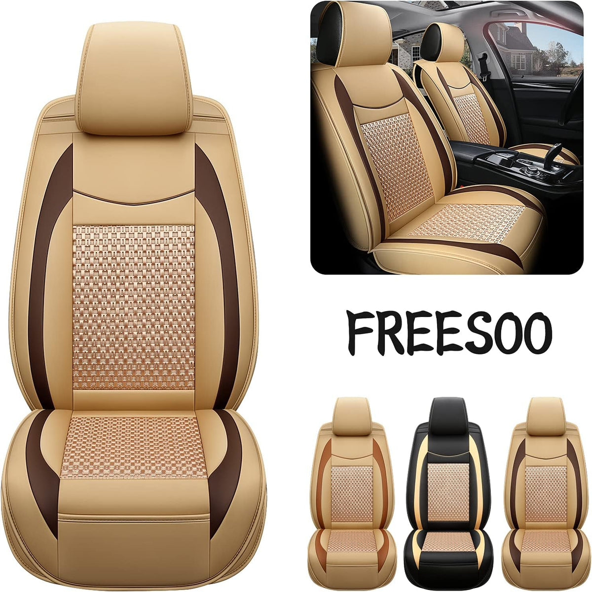 Beige 9 Leather Car Seat Covers Full Set Z762562