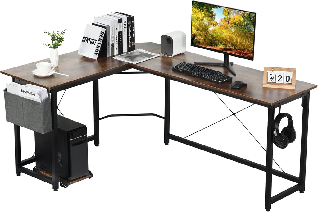 White L Shaped Computer Desk with Storage Bag and Monitor Stand K268