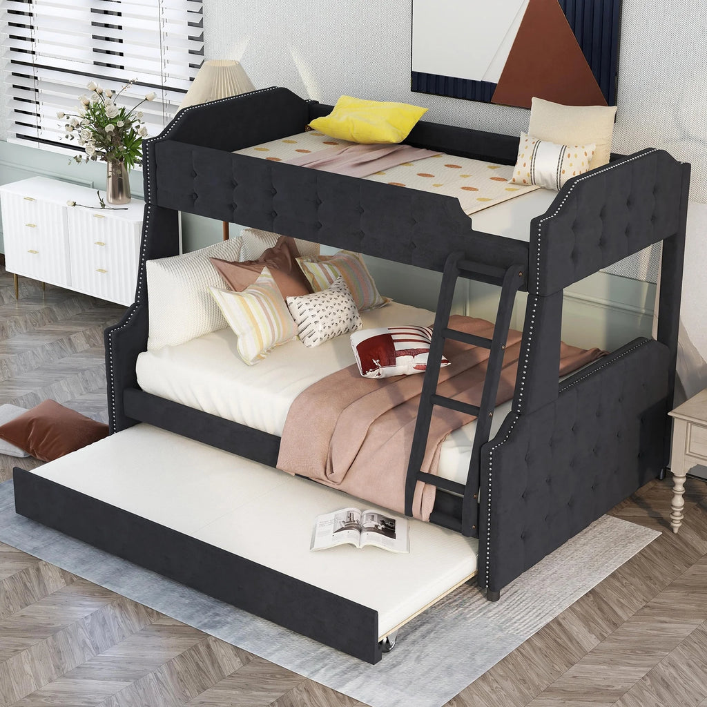 Black Upholstered Twin-Over-Full Bunk Bed with Trundle J1848
