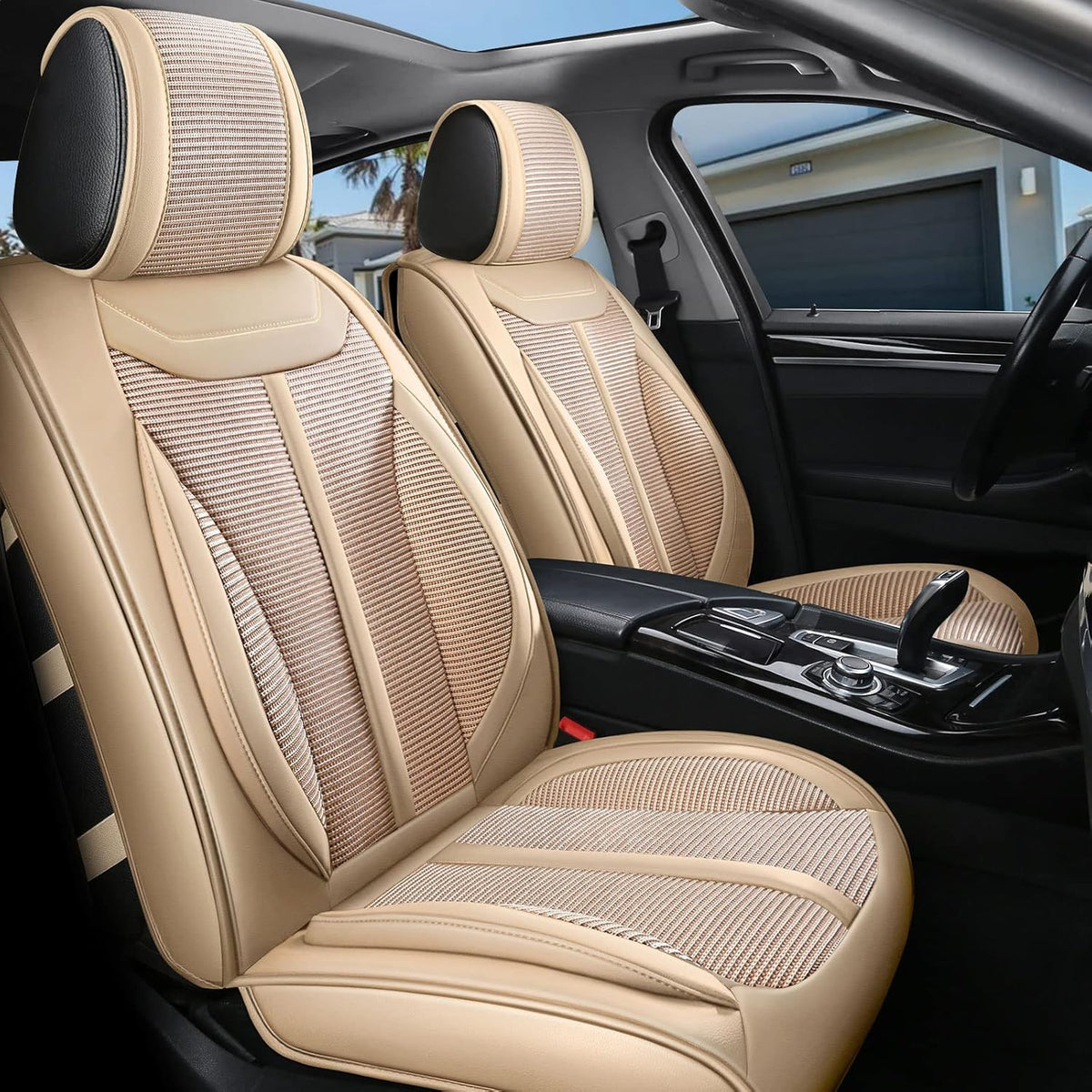 Beige 9 Leather Car Seat Covers Full Set Z762562