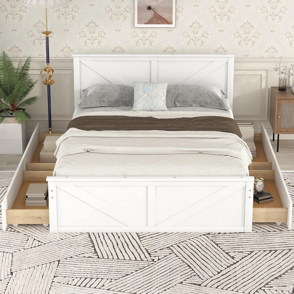 White Queen Size Platform Bed with 4 Drawers A428