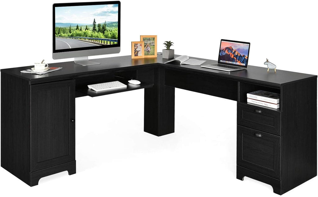 Brown L-Shaped Corner Computer Desk with Drawers and Storage Cabinet C31429