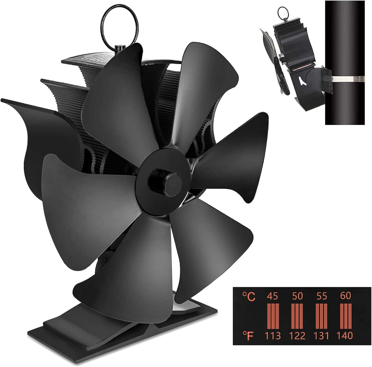 6 Blades Heat Powered Stove Fan with Thermometer Strip, Pack of 2 X8699