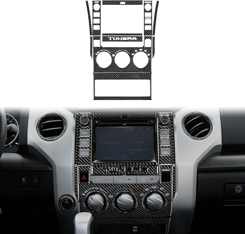 Carbon Fiber Center Control Navigation Screen Panel Sticker for Toyota Tundra 2014-2021 (Type B - 2knobs, Black) Pack of 2 S2388
