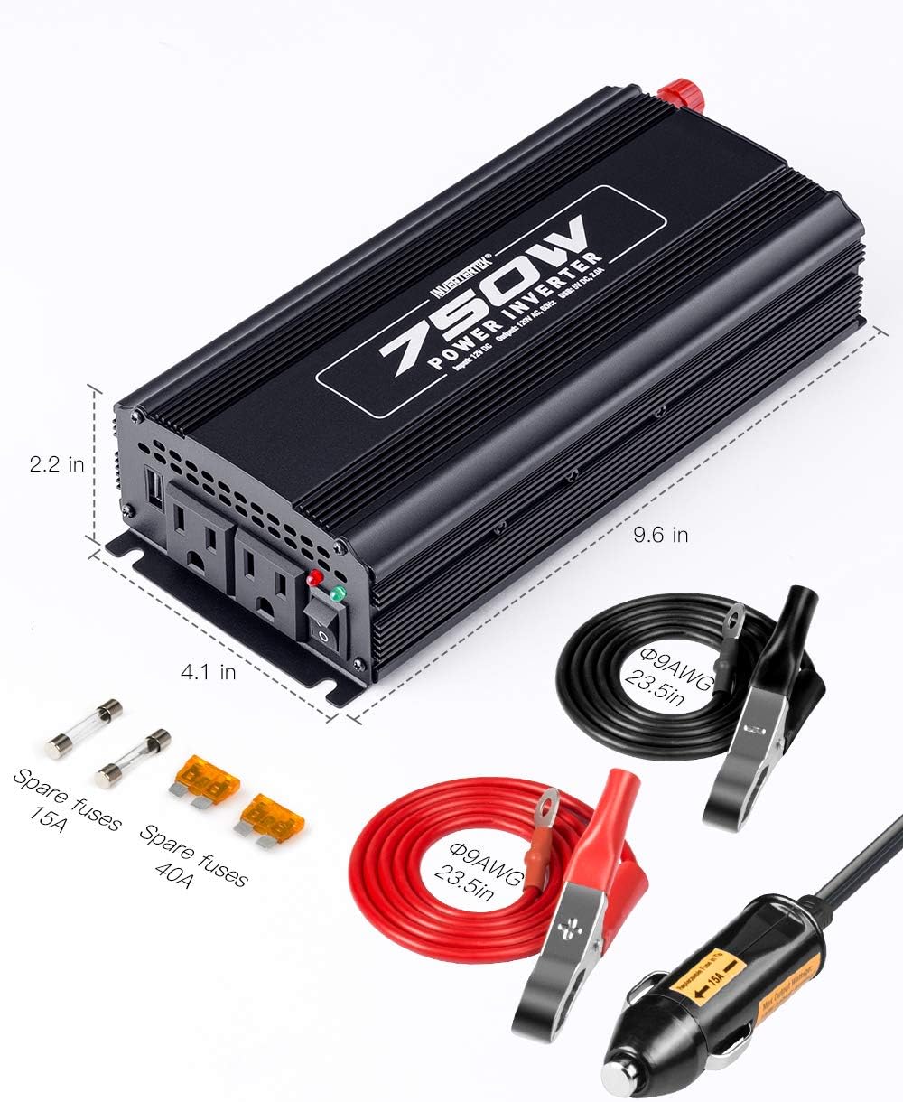 750W Power Inverter DC 12V to 110V AC Car Adapter with 2A USB Charger and 2 AC Outlets N515