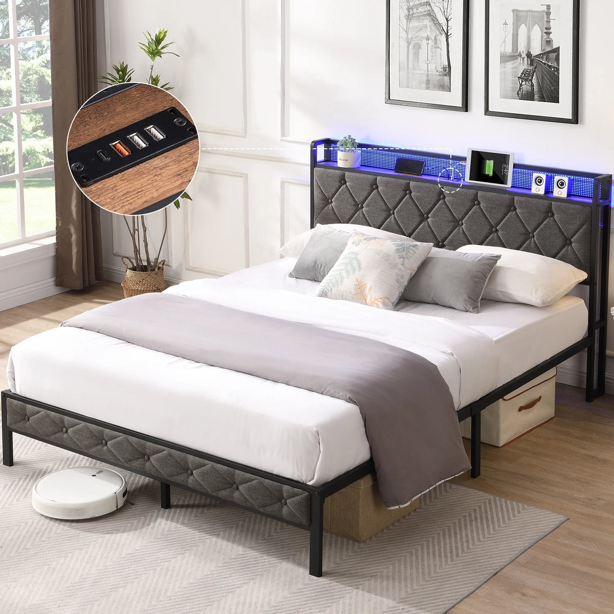 King Size Storage Upholstered LED Bed Frame R9761