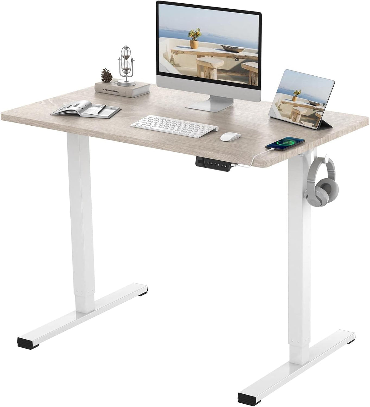 Bamboo Standing Desk 48 x 24 Inches Electric Sit Stand Up Desk with White Frame Q7734