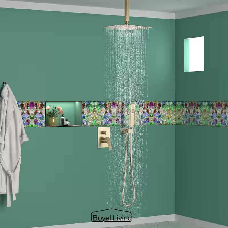 12 in. Ceiling Mount Dual Shower Heads with Pressure Balance Valve in Brushed Gold C152